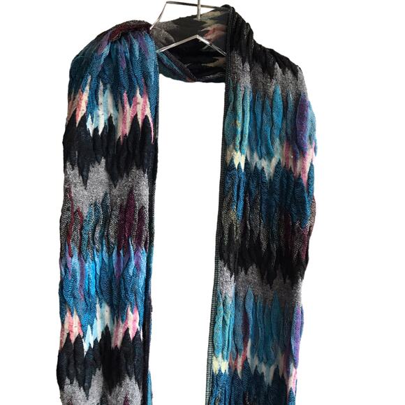 Blue Zig Zag Knit Scarf Fringed Marled Rectangular Wrap - Picture 4 of 14